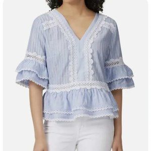 J.CREW Lace Trim Short Sleeve Top In Faded Peri Blue White Crotchet Size S